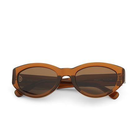 Brown sunglasses with a reflective lens on a white background