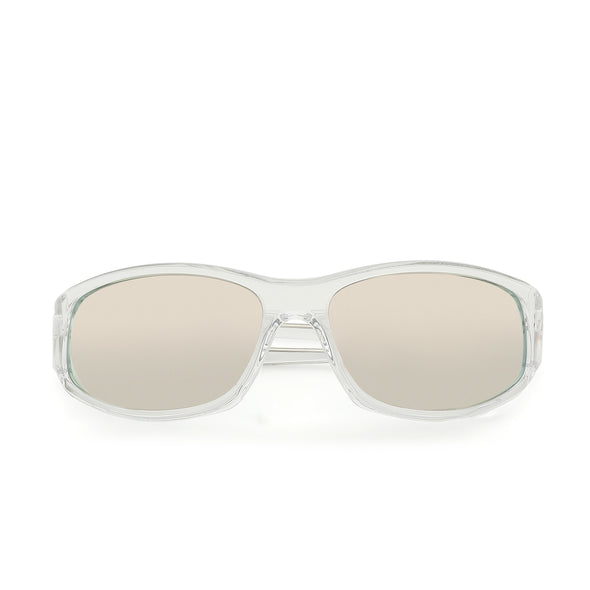 Clear-framed sunglasses with reflective lenses on a white background